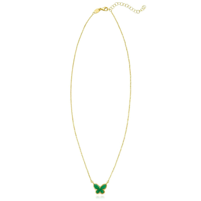 14K Yellow Gold Butterfly Necklace Turquoise Malachite Mother of Pearl (Solid Links) 16" - 18" Adjustable - WJD Exclusives
