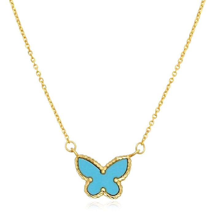 14K Yellow Gold Butterfly Necklace Turquoise Malachite Mother of Pearl (Solid Links) 16" - 18" Adjustable - WJD Exclusives
