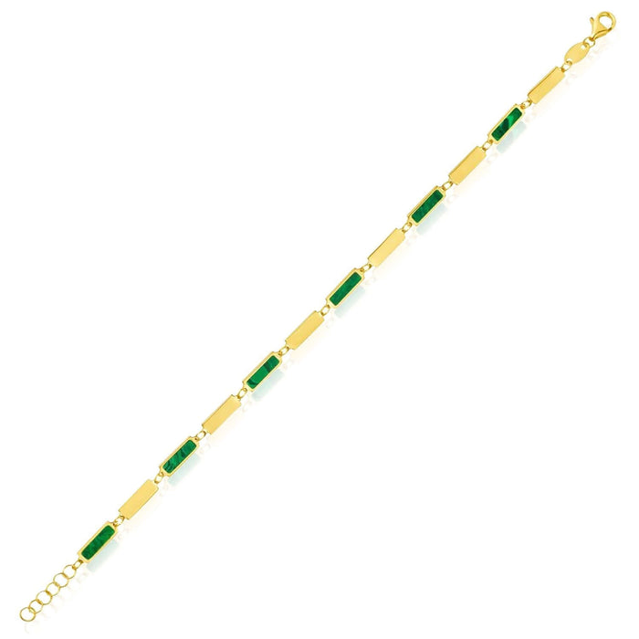14K Yellow Gold Bar Bracelet Turquoise or Malachite Inlay (Solid Links) 7" - 7.5" Adjustable - WJD Exclusives