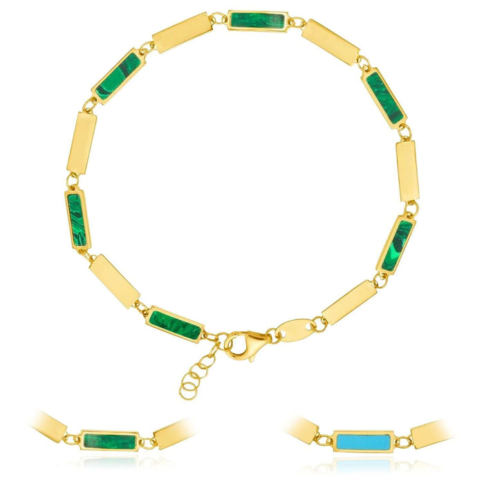 14K Yellow Gold Bar Bracelet Turquoise or Malachite Inlay (Solid Links) 7" - 7.5" Adjustable - WJD Exclusives