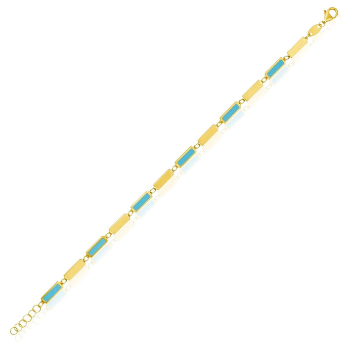 14K Yellow Gold Bar Bracelet Turquoise or Malachite Inlay (Solid Links) 7" - 7.5" Adjustable - WJD Exclusives