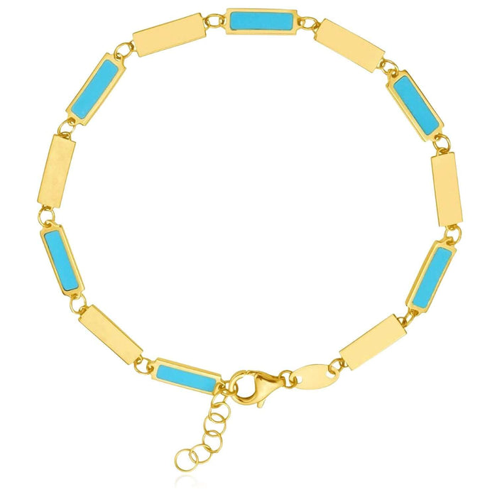 14K Yellow Gold Bar Bracelet Turquoise or Malachite Inlay (Solid Links) 7" - 7.5" Adjustable - WJD Exclusives