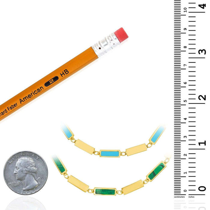 14K Yellow Gold Bar Bracelet Turquoise or Malachite Inlay (Solid Links) 7" - 7.5" Adjustable - WJD Exclusives