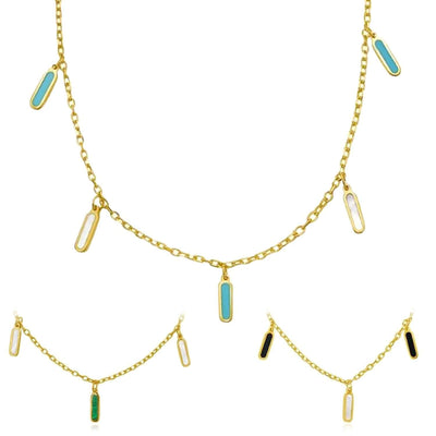 14K Yellow Gold Dangle Bar Necklace Turquoise Malachite Onyx Pearl (Solid Links) 16" - 18" Adjustable - WJD Exclusives