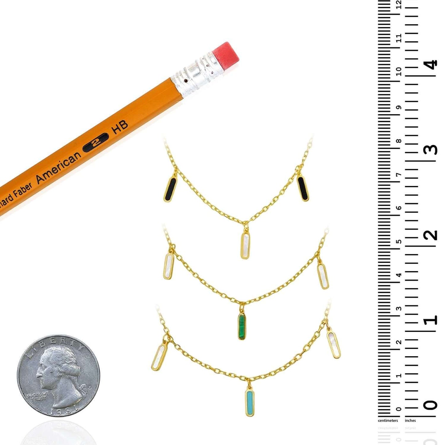 Real 14K Gold Dangle Bar Necklace Turquoise Malachite Onyx Pearl 16"-18" Adjust.
