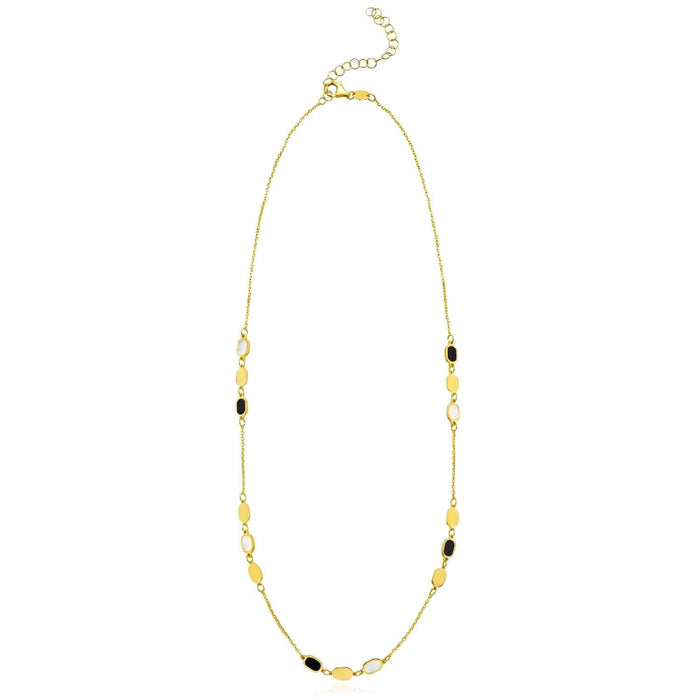 14K Yellow Gold Oval Station Necklace Black Onyx Mother of Pearl (Solid Links) 16" - 18" Adjustable - WJD Exclusives