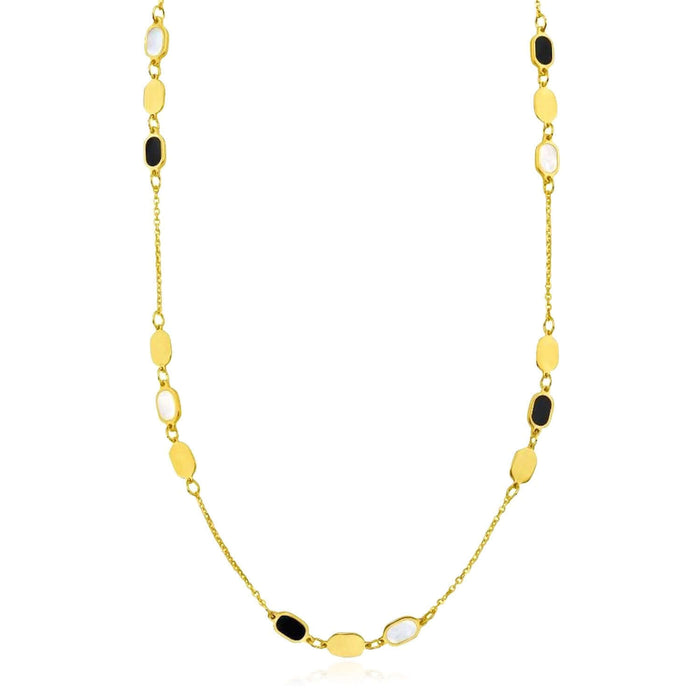 14K Yellow Gold Oval Station Necklace Black Onyx Mother of Pearl (Solid Links) 16" - 18" Adjustable - WJD Exclusives