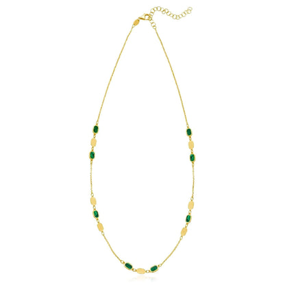 Real 14K Gold Oval Station Necklace Turquoise Malachite – Adjustable 16"-18"