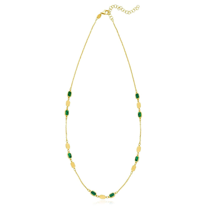 14K Yellow Gold Oval Station Necklace Turquoise Malachite (Solid Links) 16" - 18" Adjustable - WJD Exclusives