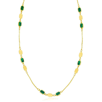 Real 14K Gold Oval Station Necklace Turquoise Malachite – Adjustable 16"-18"