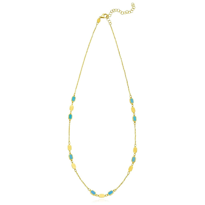 14K Yellow Gold Oval Station Necklace Turquoise Malachite (Solid Links) 16" - 18" Adjustable - WJD Exclusives