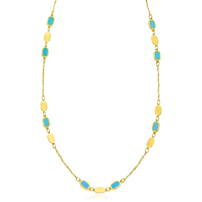 14K Yellow Gold Oval Station Necklace Turquoise Malachite (Solid Links) 16" - 18" Adjustable - WJD Exclusives