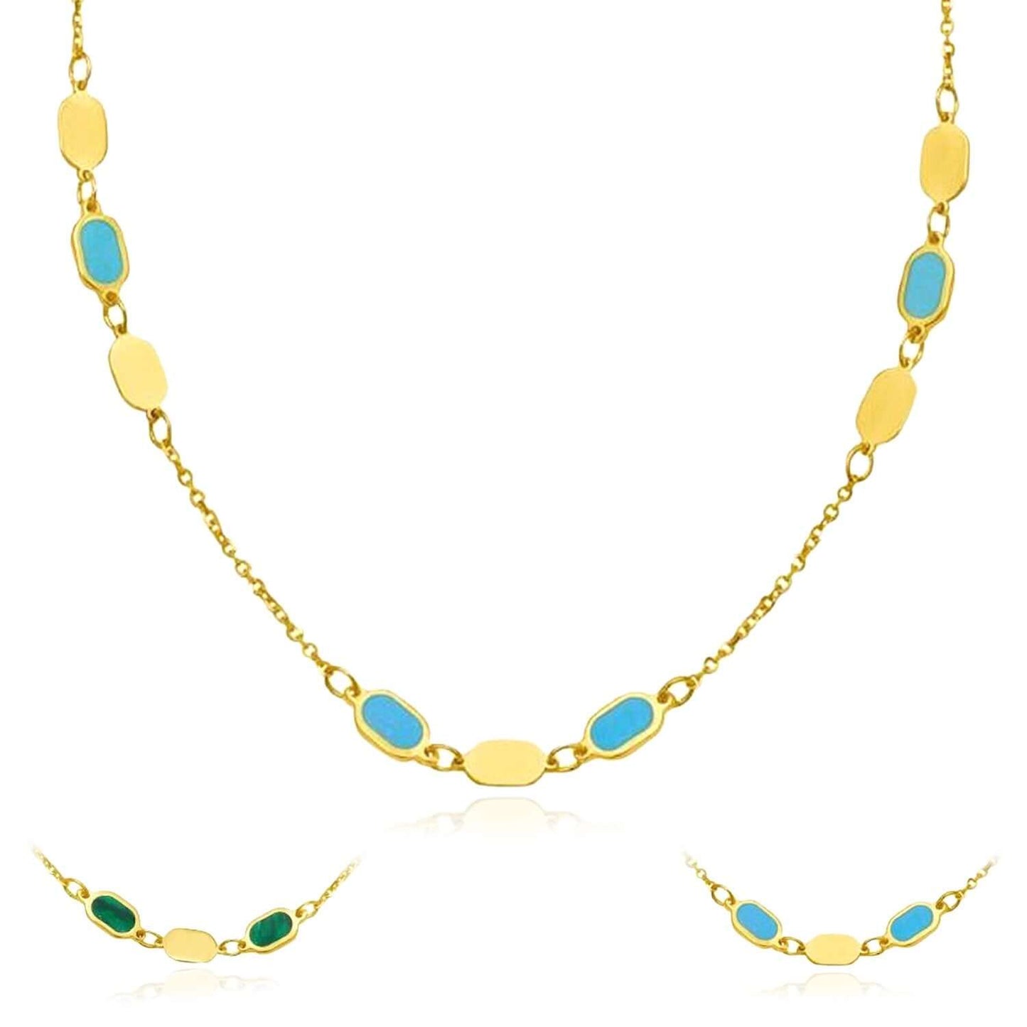Real 14K Gold Oval Station Necklace Turquoise Malachite – Adjustable 16"-18"