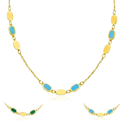14K Yellow Gold Oval Station Necklace Turquoise Malachite (Solid Links) 16" - 18" Adjustable - WJD Exclusives
