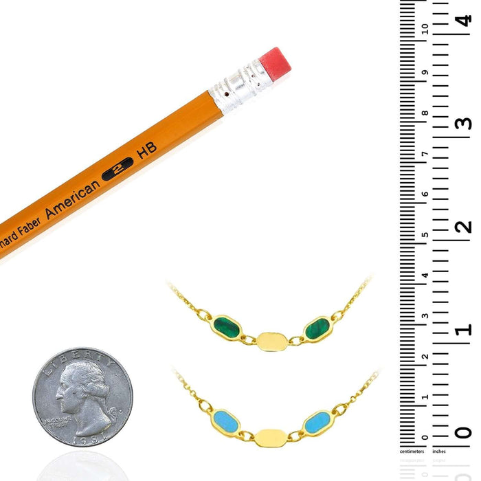 14K Yellow Gold Oval Station Necklace Turquoise Malachite (Solid Links) 16" - 18" Adjustable - WJD Exclusives