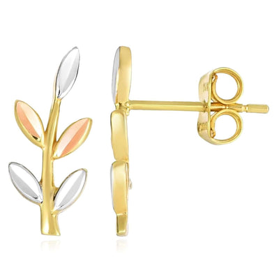 Real 14K Gold Tri - Color Olive Branch Leaf Ear Climber Earrings – Italian Made - WJD Exclusives