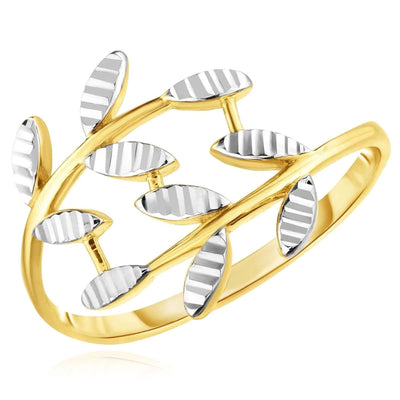 14K Yellow Gold Two - Tone Olive Branch Leaf Ring - WJD Exclusives