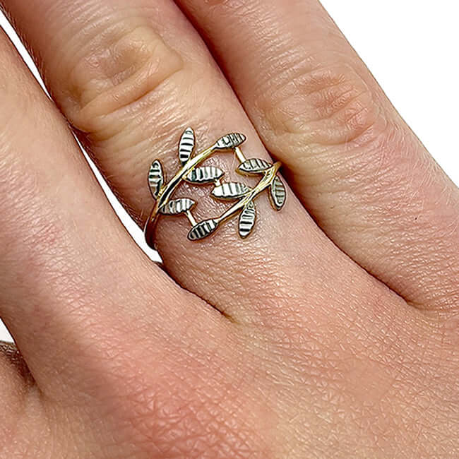 14K Yellow Gold Two - Tone Olive Branch Leaf Ring - WJD Exclusives