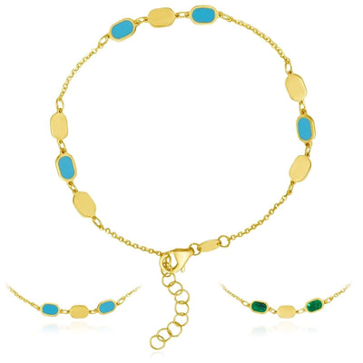 14K Yellow Gold Turquoise & Malachite Bracelet (Solid Links) 7" - 7.5" Adjustable – Italian Made - WJD Exclusives