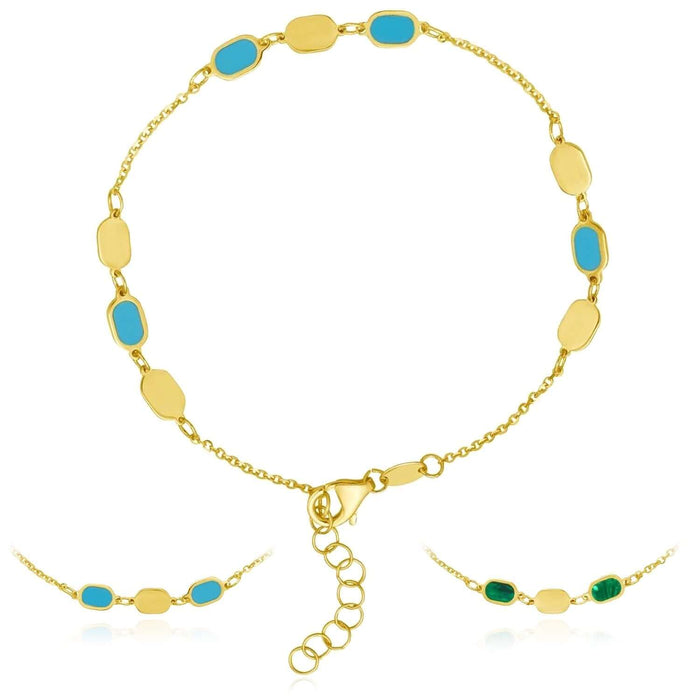 14K Yellow Gold Turquoise & Malachite Bracelet (Solid Links) 7" - 7.5" Adjustable – Italian Made - WJD Exclusives