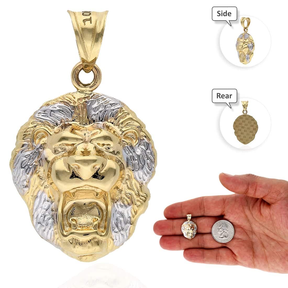 10K Two Tone Gold Diamond-Cut Lion Face Pendant