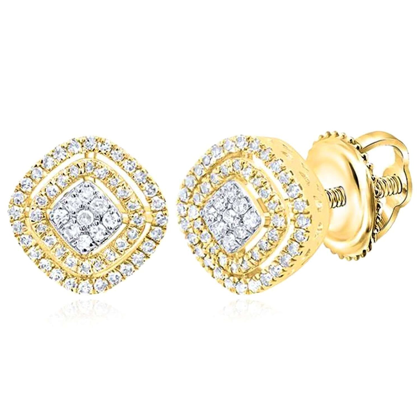0.50CTW Real Diamond 10K Real Gold 11mm Cushion Halo Stud Earrings – Screw Back