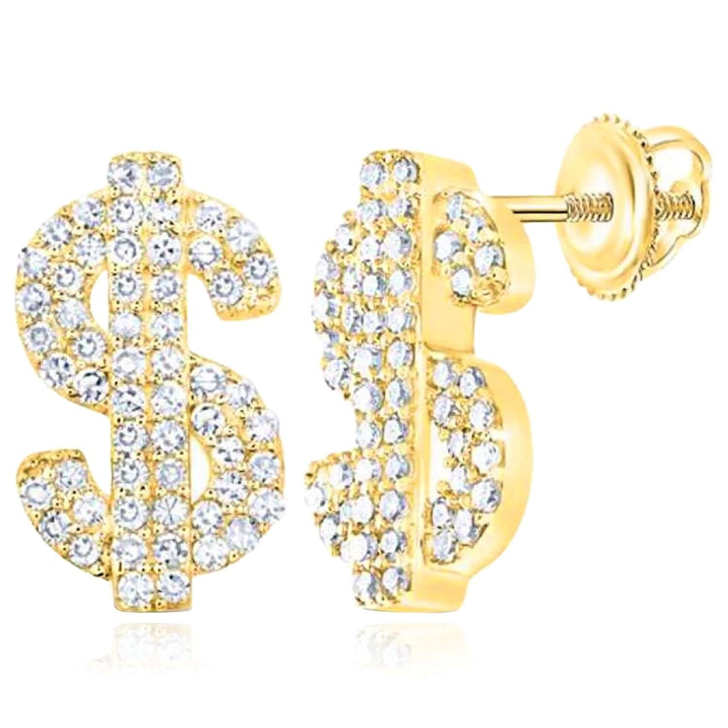 0.33CTW Real Diamond 10K Gold Dollar Sign Stud Earrings Screw Back – Money Bling
