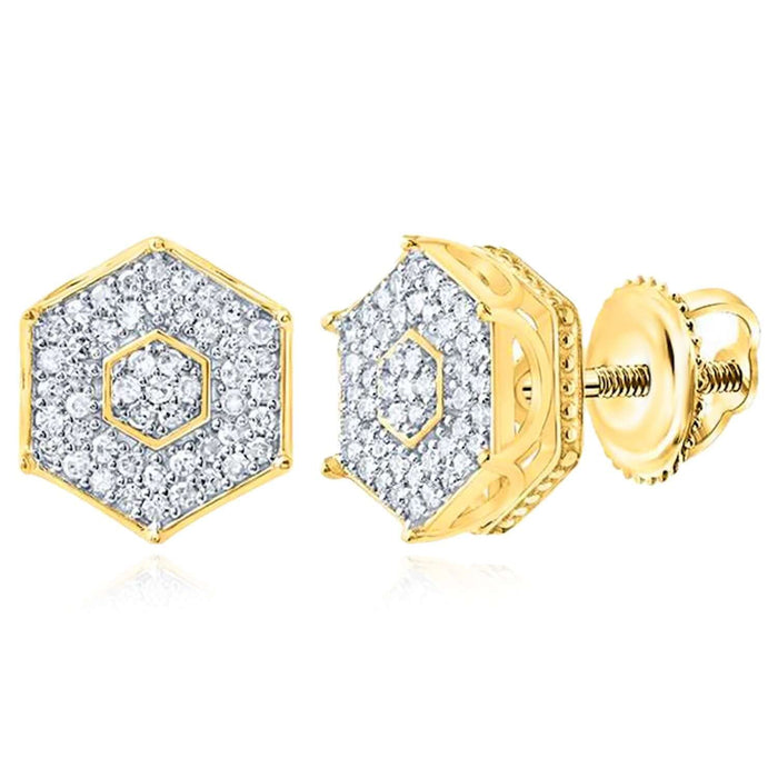 0.35CTW Natural Diamond Real 10K Gold Hexagon Stud Earrings Screw Back - WJD Exclusives