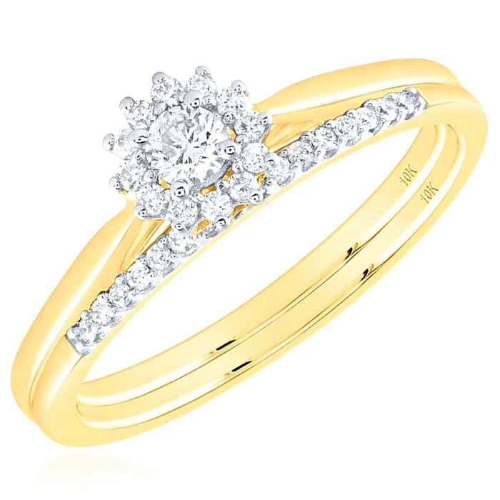 0.25CTW Natural Diamond 10K Yellow Gold Wedding Ring Set – Halo Engagement & Matching Band - WJD Exclusives