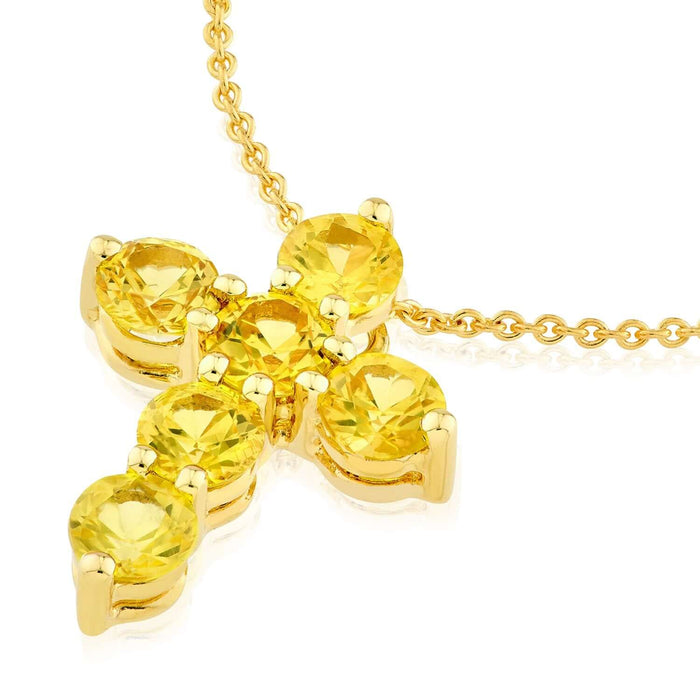 Real 14k Gold 0.90CTW Real Yellow Sapphire Cross Pendant 0.55" - WJD Exclusives