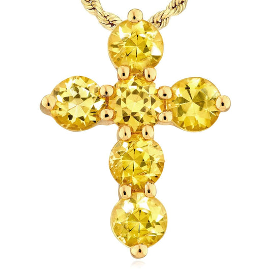 Real 14K Gold Natural Yellow Sapphire Cross Pendant 0.90TCW 0.55"