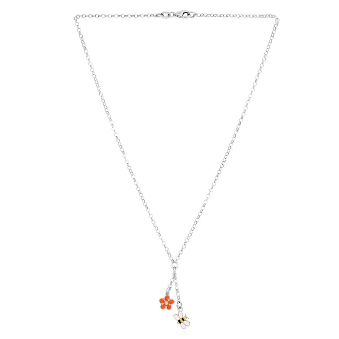 Sterling Silver Bee & Flower Rolo Necklace (Solid Links) 16" - WJD Exclusives