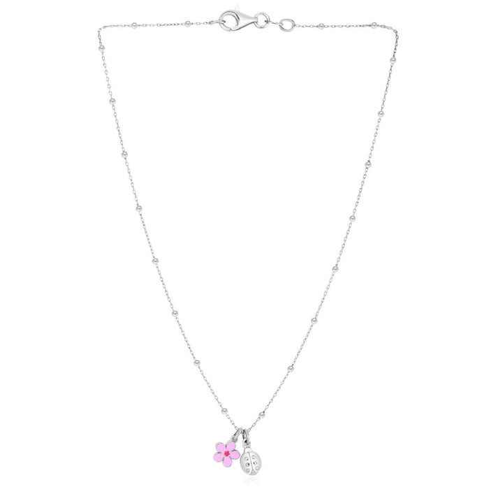 Sterling Silver Pink Flower Ladybug Necklace (Solid Links) 16" - WJD Exclusives