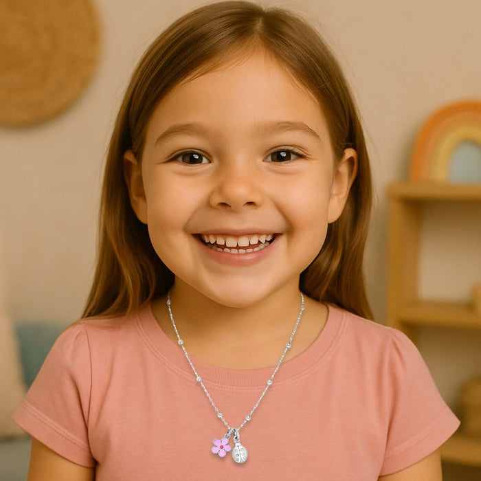 Sterling Silver Pink Flower Ladybug Necklace (Solid Links) 16" - WJD Exclusives