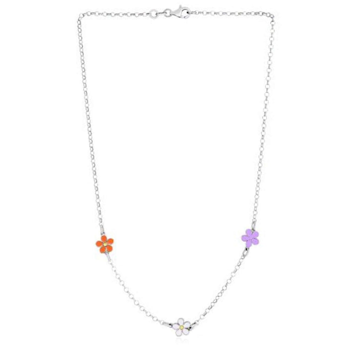Sterling Silver Multi - Color Enamel Flower Necklace (Solid Links) Made in Italy 16" - WJD Exclusives