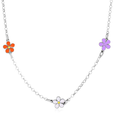 Sterling Silver Multi - Color Enamel Flower Necklace (Solid Links) Made in Italy 16" - WJD Exclusives