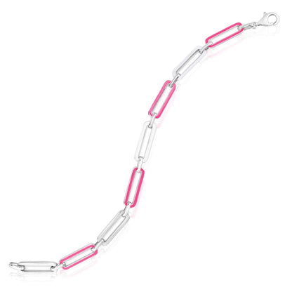 Pink Enamel Paperclip Link Bracelet Sterling Silver – Made in Italy
