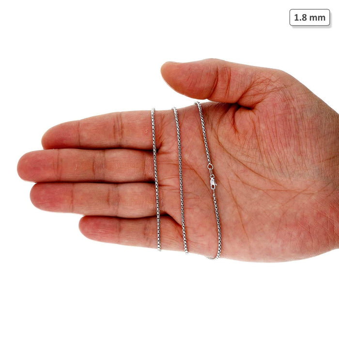 14K White Gold 1.8mm Round Box Chain (Solid Links) 16"-30"