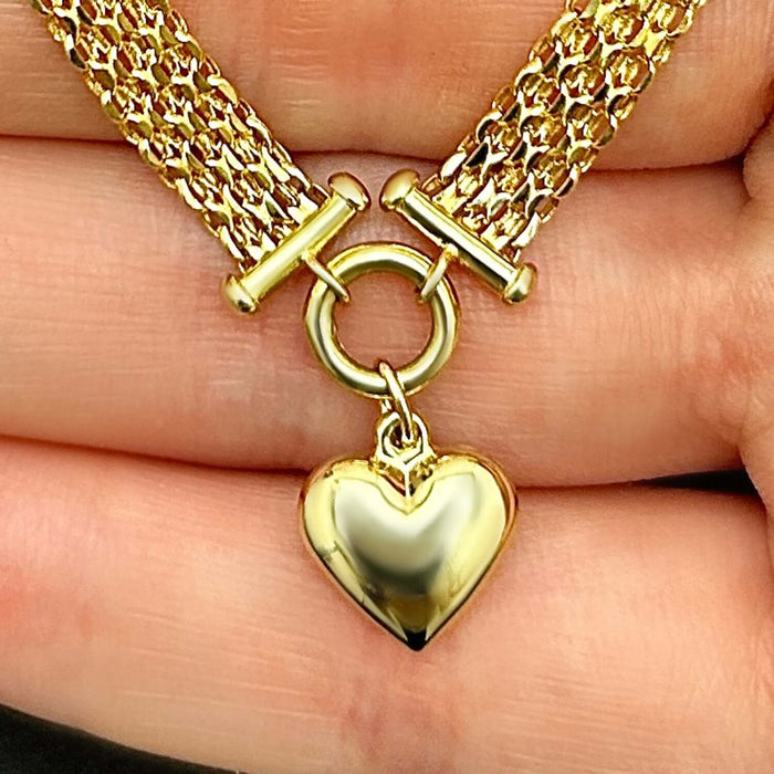 14K Yellow Gold Heart Bismark Chain Necklace (Solid Links) 18" High Polish - WJD Exclusives
