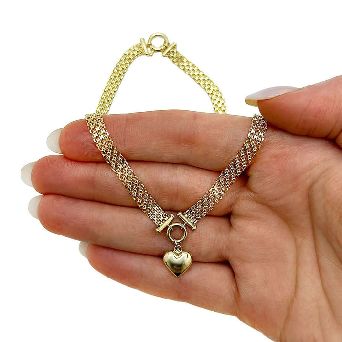14K Yellow Gold Heart Bismark Chain Necklace (Solid Links) 18" High Polish - WJD Exclusives