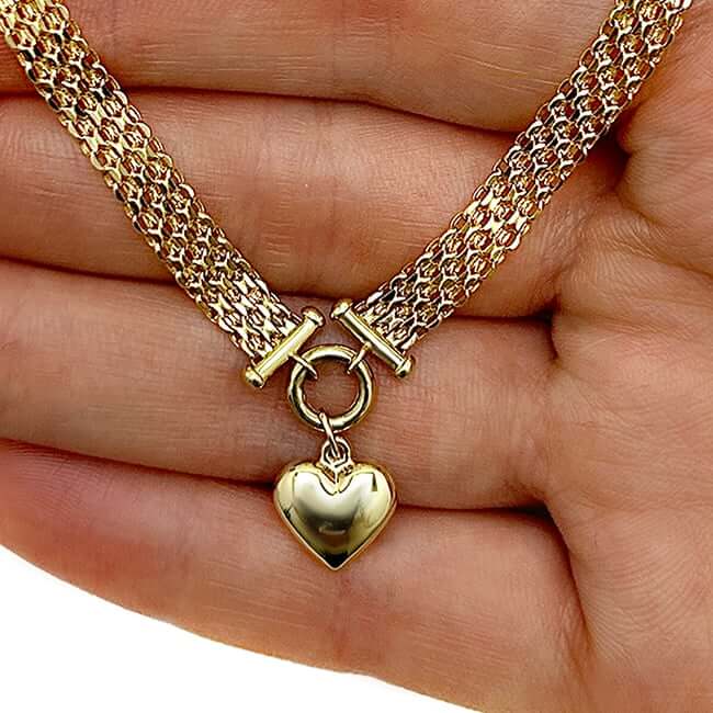 14K Yellow Gold Heart Bismark Chain Necklace (Solid Links) 18" High Polish - WJD Exclusives