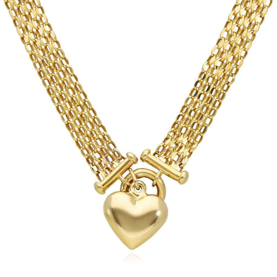 14K Yellow Gold Heart Bismark Chain Necklace (Solid Links) 18" High Polish - WJD Exclusives