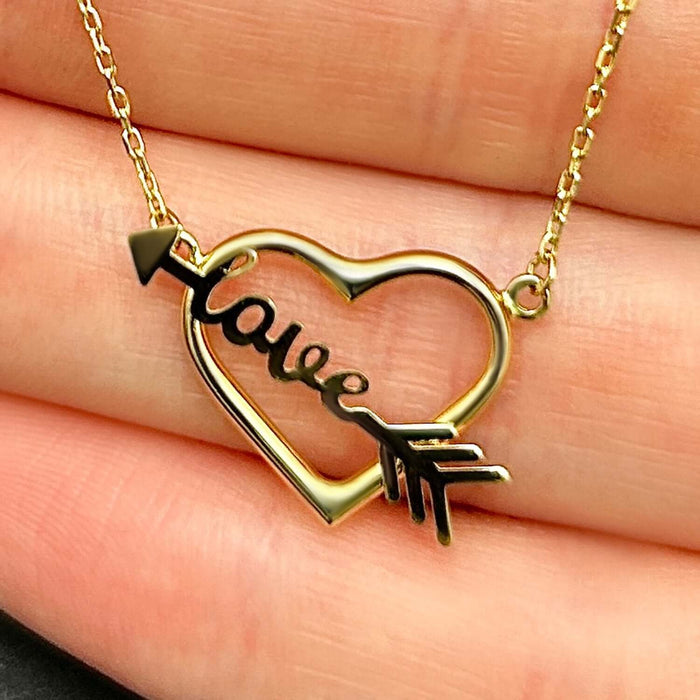 14K Yellow Gold Heart Love Arrow Necklace (Solid Links) 16" - 18" Adjustable - WJD Exclusives