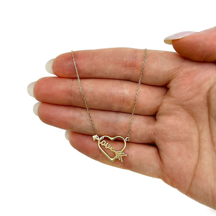 14K Yellow Gold Heart Love Arrow Necklace (Solid Links) 16" - 18" Adjustable - WJD Exclusives
