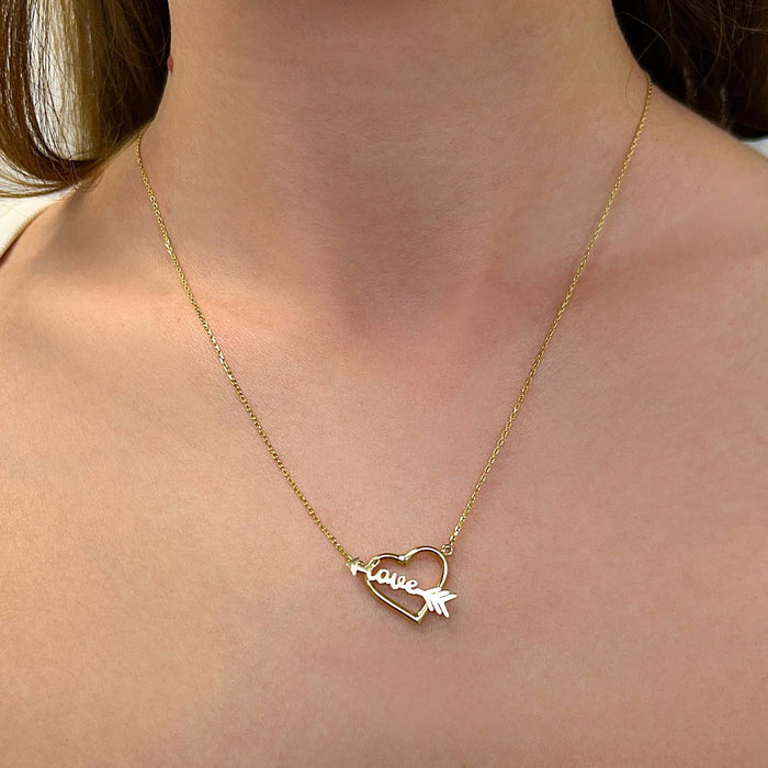 14K Yellow Gold Heart Love Arrow Necklace (Solid Links) 16" - 18" Adjustable - WJD Exclusives