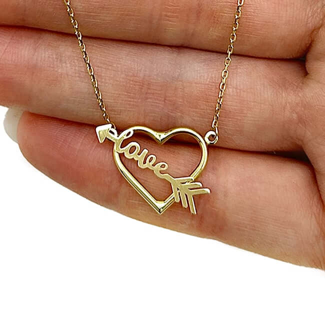14K Yellow Gold Heart Love Arrow Necklace (Solid Links) 16" - 18" Adjustable - WJD Exclusives
