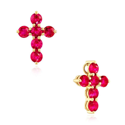 Real 14K Gold Natural Pink Ruby Cross Pendant 0.90TCW 0.55"