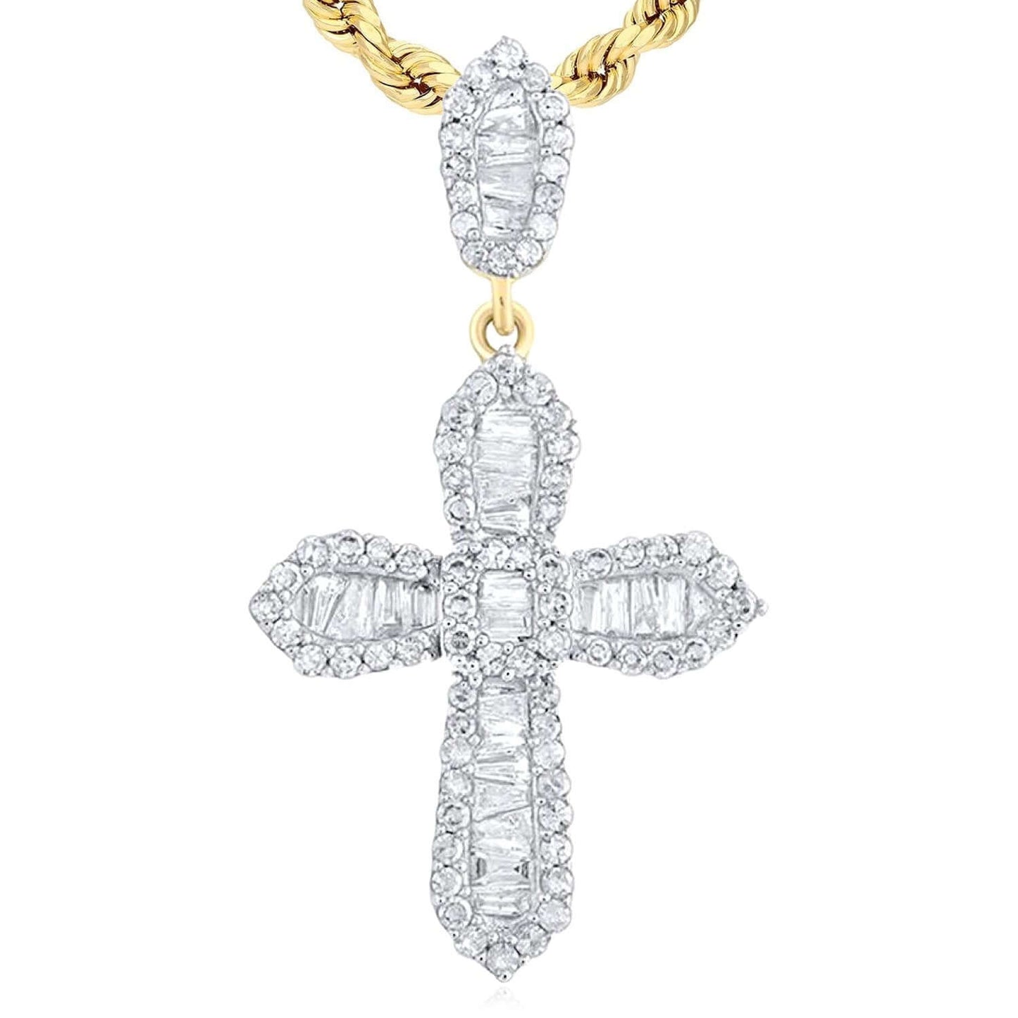 Real 10K Gold 0.50CTW Real Diamond Baguette Cross Pendant 1.2"