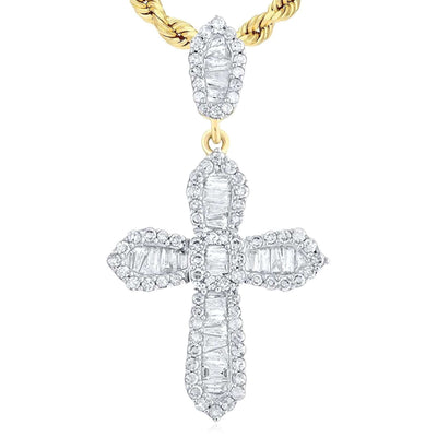 Real 10K Gold 0.50CTW Natural Diamond Baguette Cross Pendant 1.2" - WJD Exclusives