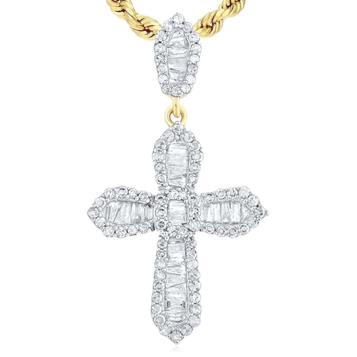Real 10K Gold 0.50CTW Natural Diamond Baguette Cross Pendant 1.2" - WJD Exclusives
